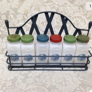 Vintage, 6-pc Blue Willow Milk Glass Shaker or Spice Jar Set with Metal Rack